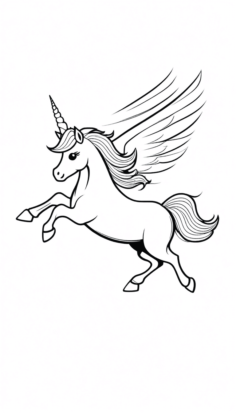Flying Unicorn (Pegasus) Coloring Page - Magical coloring sheet featuring a winged unicorn (pegasus) galloping in the air. Perfect for children who love mythical creatures, unicorns, and fantasy themes.